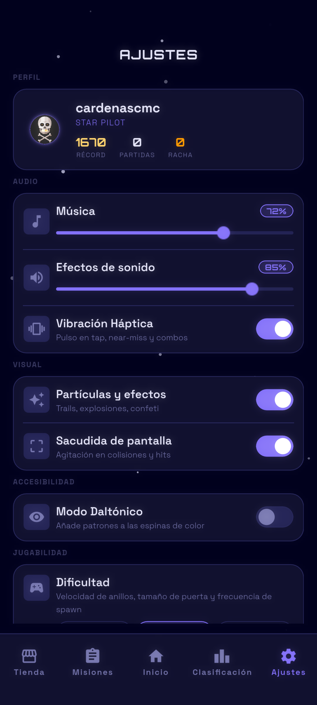 Pantalla de ajustes de Tap Nova